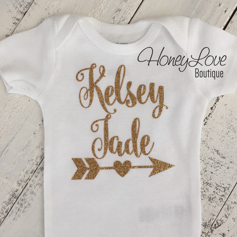 Personalized Name Arrow/Heart Bodysuit - Silver/Gold - HoneyLoveBoutique