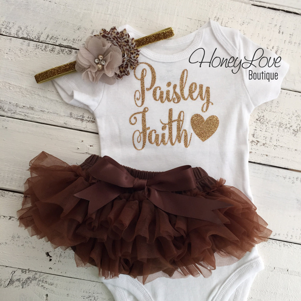 PERSONALIZED Name Outfit - Gold Glitter and Brown, Leopard Print - HoneyLoveBoutique