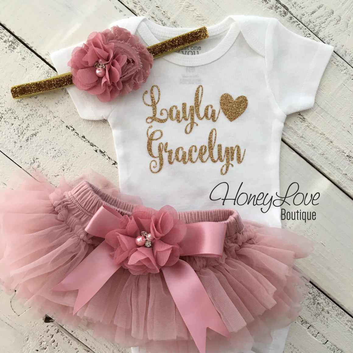 PERSONALIZED Name Outfit - Gold Glitter and Vintage Pink - Embellished tutu skirt bloomers - HoneyLoveBoutique