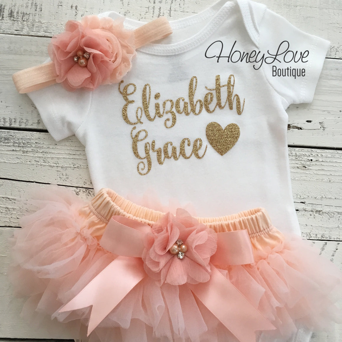PERSONALIZED Name Outfit - Gold Glitter and Peach - embellished tutu skirt bloomers - HoneyLoveBoutique
