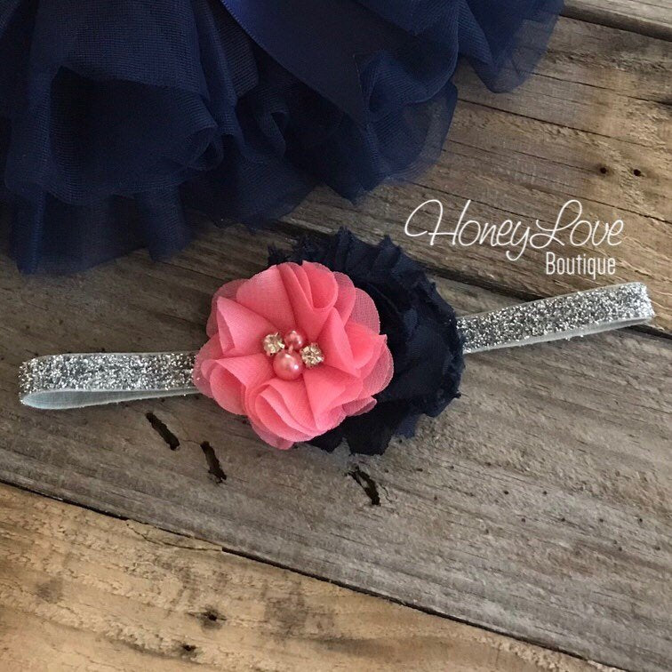Navy Blue tutu skirt bloomers - embellished Coral pink rhinestone/pearl flower - with matching silver glitter headband - HoneyLoveBoutique