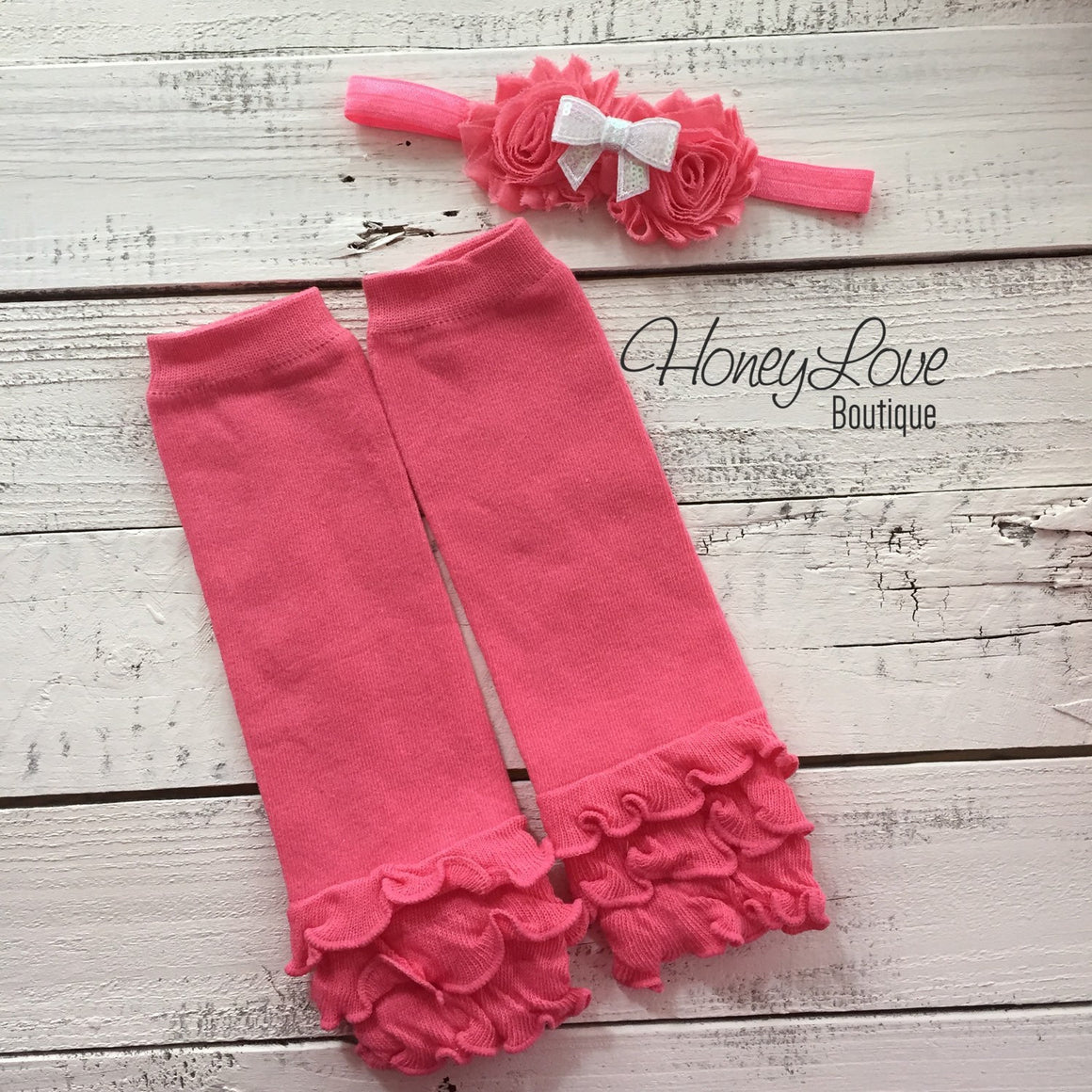Coral Pink Ruffle leg warmers and matching headband - HoneyLoveBoutique