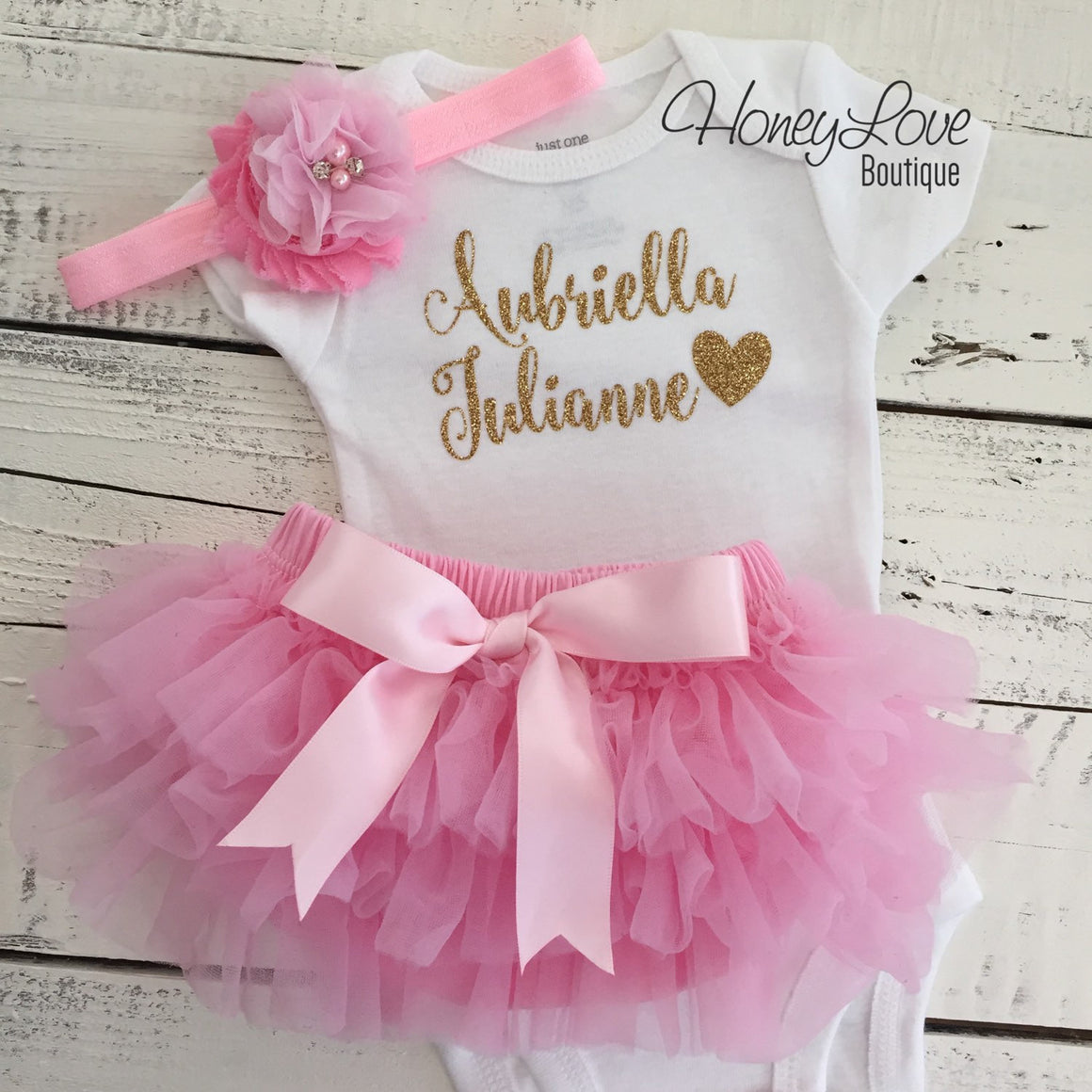 PERSONALIZED Name Outfit - Gold Glitter and Light Pink - HoneyLoveBoutique