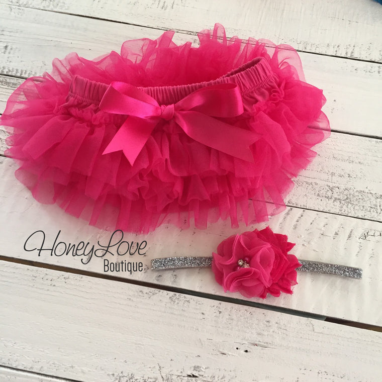 Watermelon Pink tutu skirt bloomers and silver glitter headband - HoneyLoveBoutique