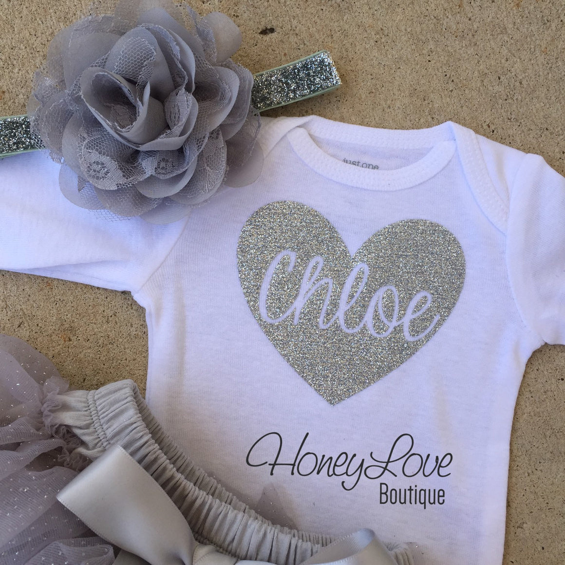 Personalized Name inside Heart - Gray and Silver Glitter - HoneyLoveBoutique