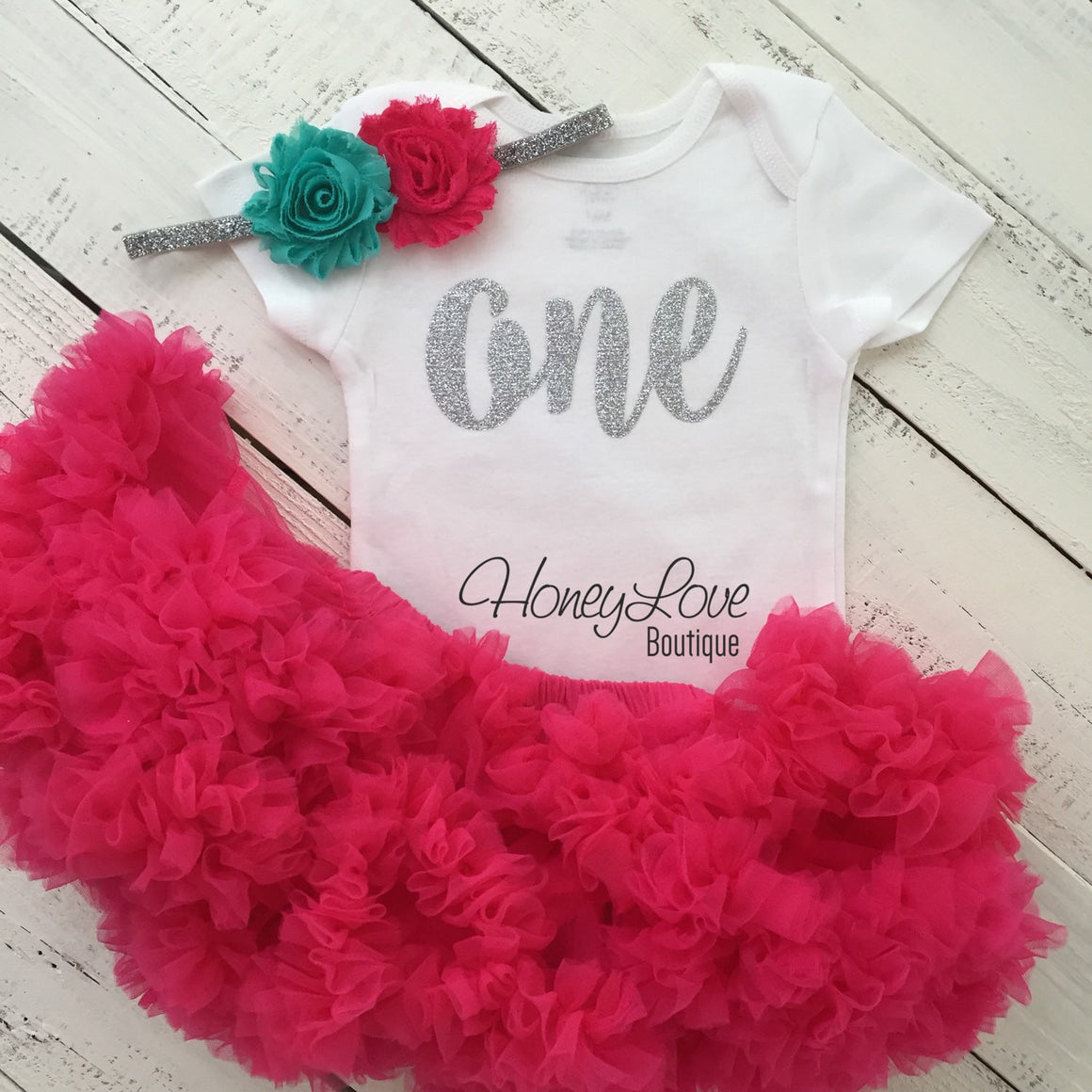 One - Birthday Outfit - Silver or Gold and watermelon pink/turquoise - HoneyLoveBoutique