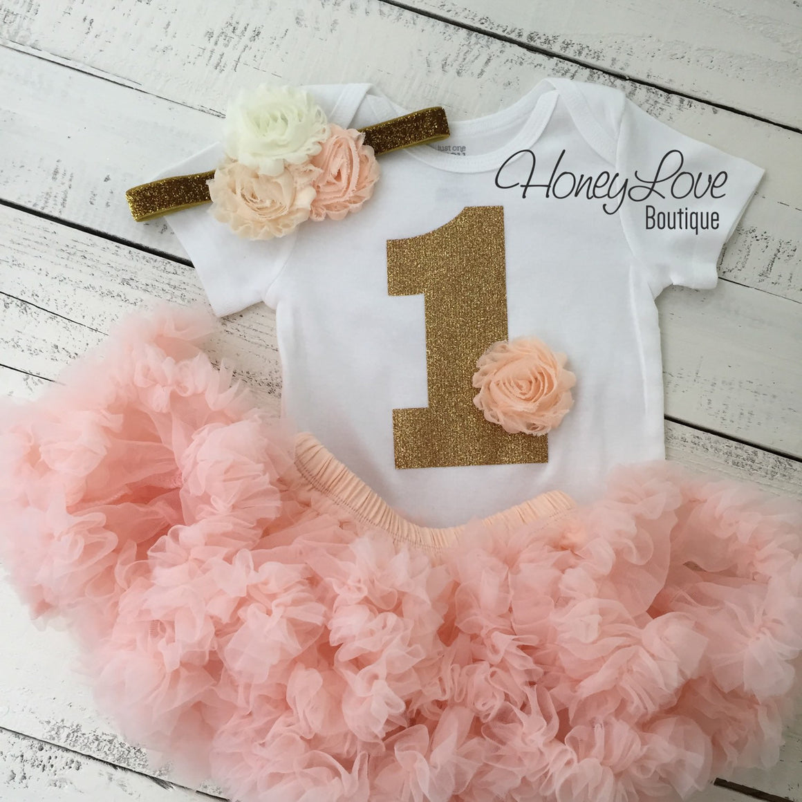 1st Birthday Outfit - Peach, Ivory and Gold - HoneyLoveBoutique