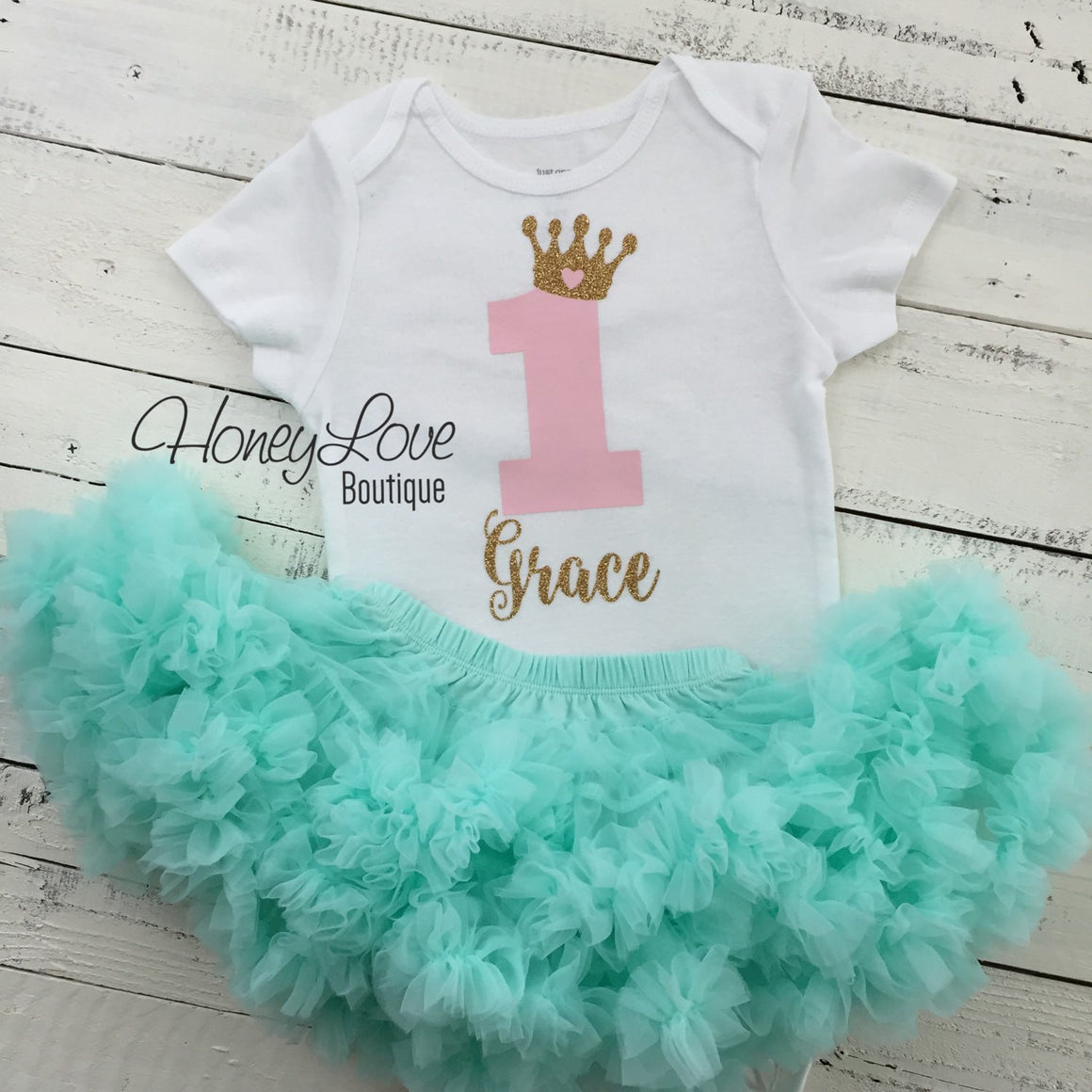 Personalized 1st Birthday Princess Outfit - Gold Glitter, Light Pink and Mint/Aqua - HoneyLoveBoutique