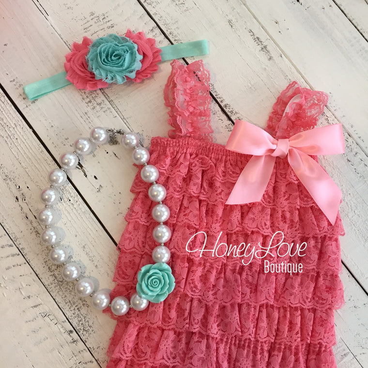 Lace Petti Romper - Coral and Aqua - optional necklace and headband - HoneyLoveBoutique