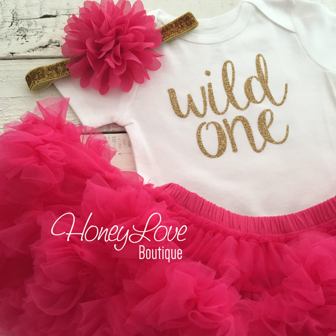 Wild One Birthday Outfit - Silver/Gold and watermelon pink - HoneyLoveBoutique