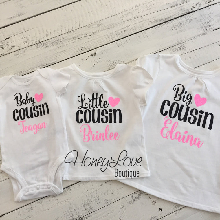 PERSONALIZED Cousin Bodysuits and Shirts - Black and Neon Pink Glitter - HoneyLoveBoutique