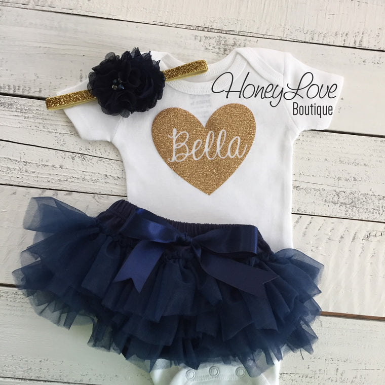 PERSONALIZED Name inside Heart - Gold glitter and Navy Blue - HoneyLoveBoutique