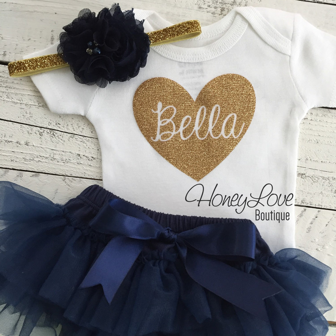 PERSONALIZED Name inside Heart - Gold glitter and Navy Blue - HoneyLoveBoutique