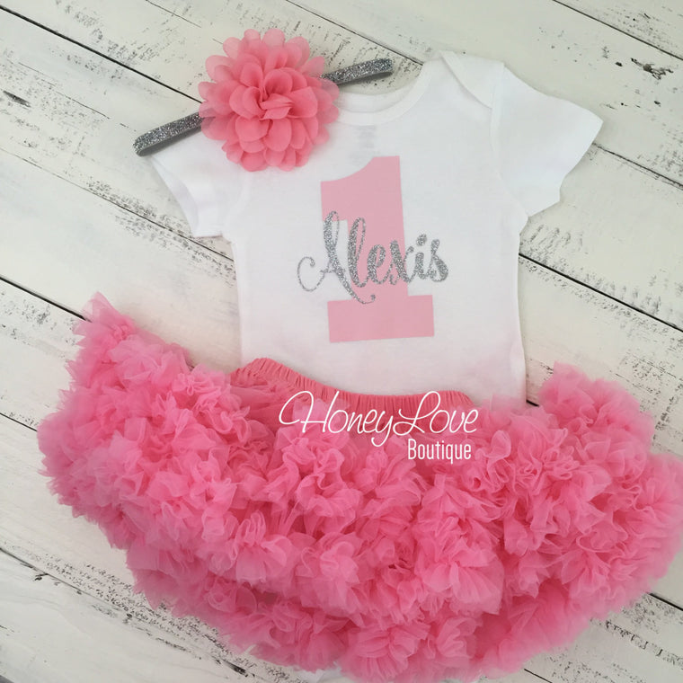 Personalized 1st Birthday Outfit - Silver/Gold glitter and Coral Pink - HoneyLoveBoutique