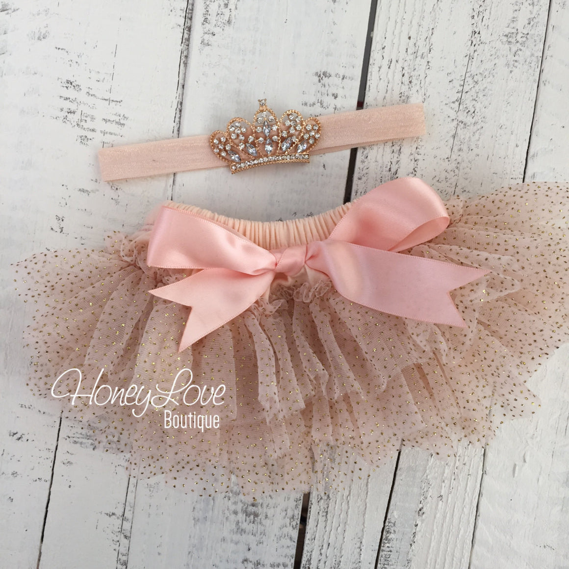 Peach and Gold glitter tutu skirt bloomers and tiara headband - HoneyLoveBoutique