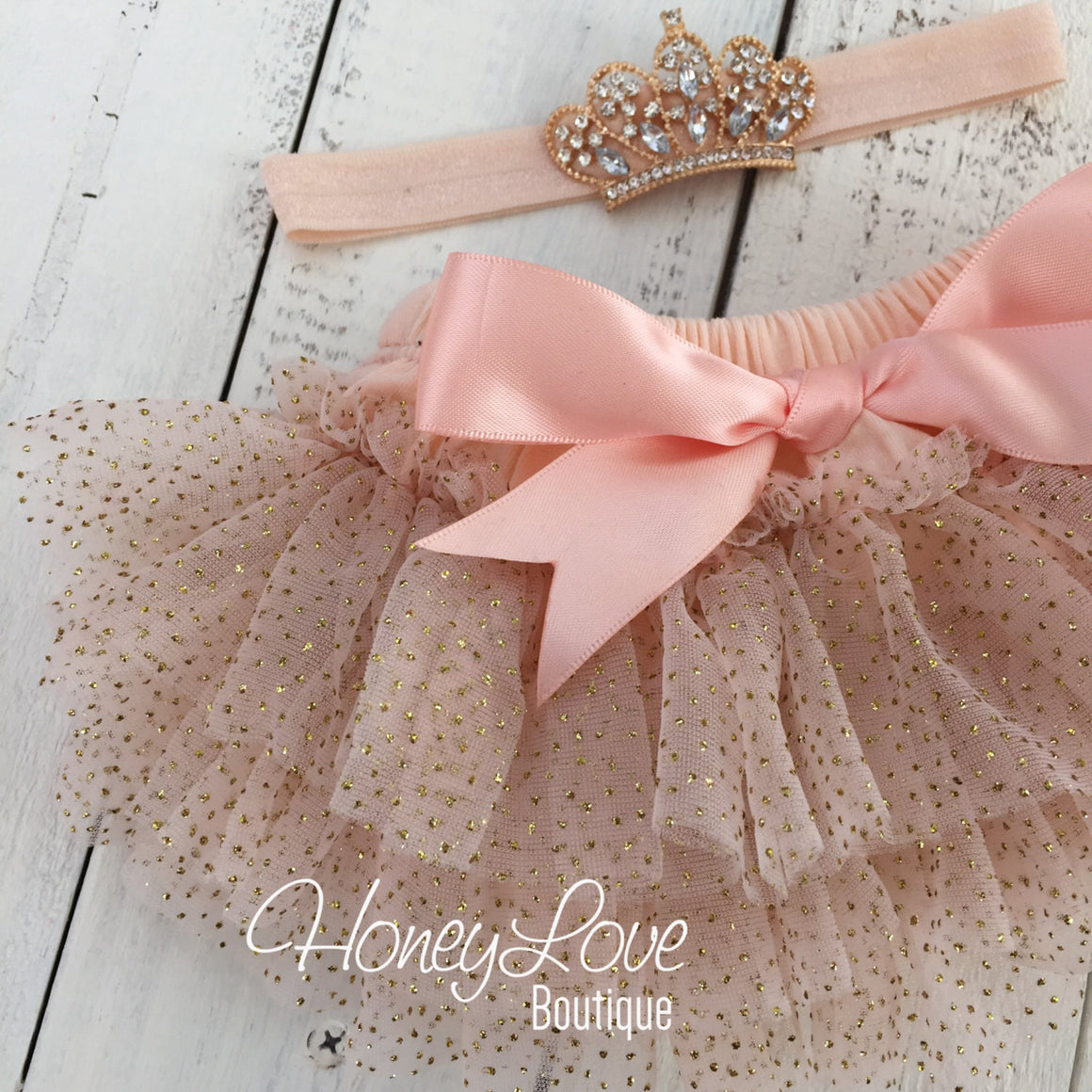 Peach and Gold glitter tutu skirt bloomers and tiara headband - HoneyLoveBoutique