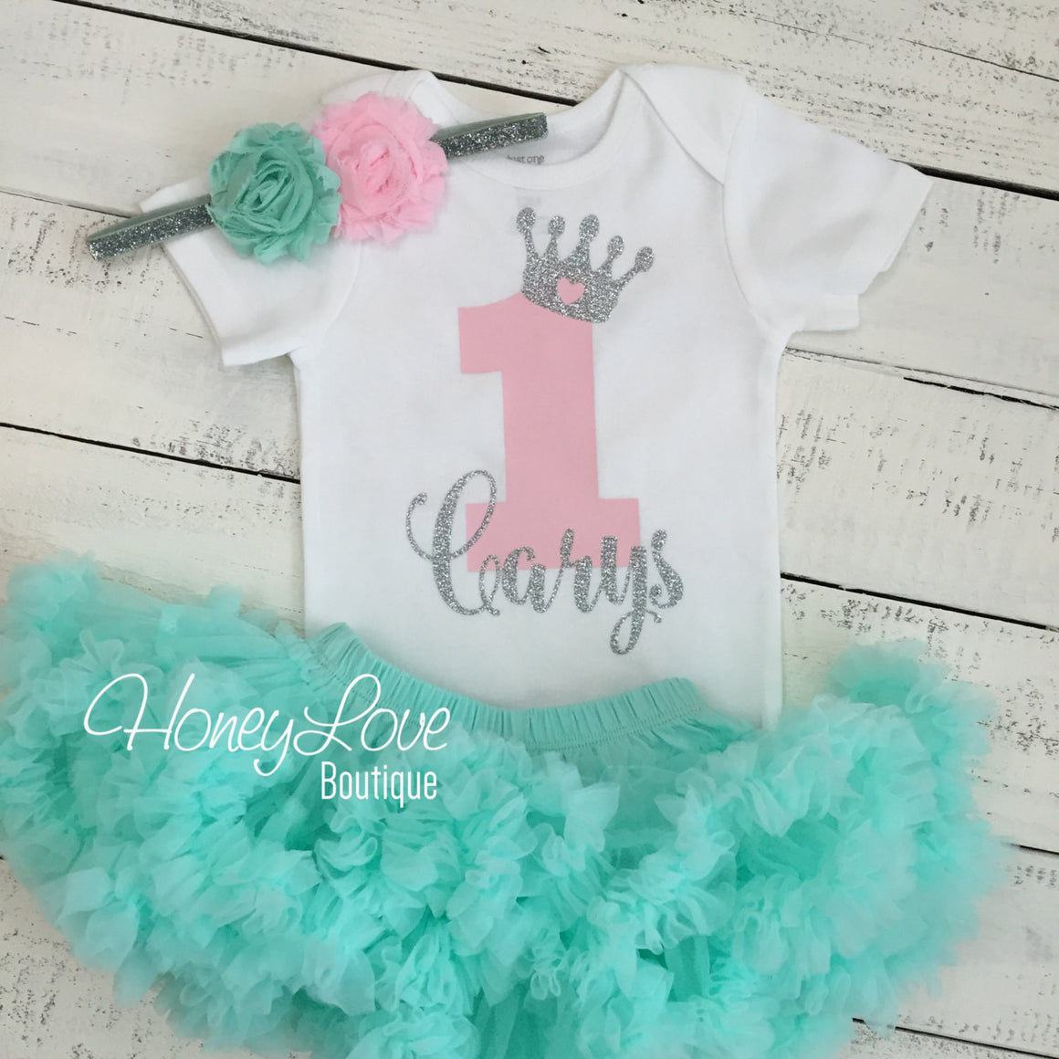 Personalized 1st Birthday Princess Outfit - Silver Glitter, Light Pink and Mint/Aqua - HoneyLoveBoutique