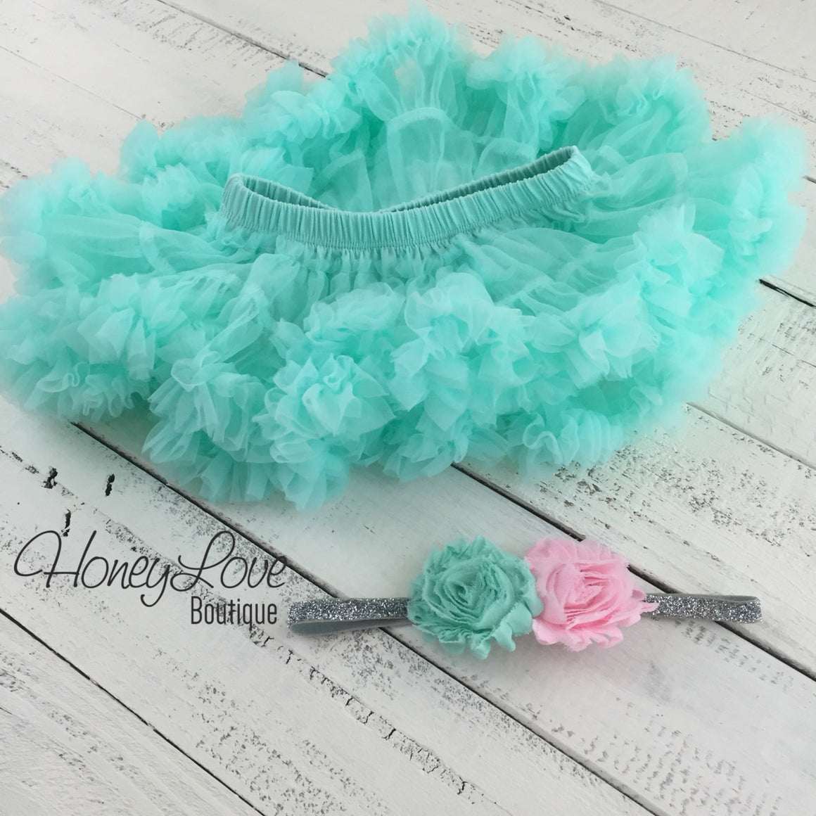 Personalized 1st Birthday outfit - Silver Glitter, Light pink, and Mint/Aqua - HoneyLoveBoutique