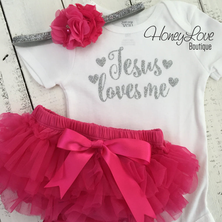 Jesus loves me Outfit Set - Silver/Gold glitter and Watermelon Pink - HoneyLoveBoutique