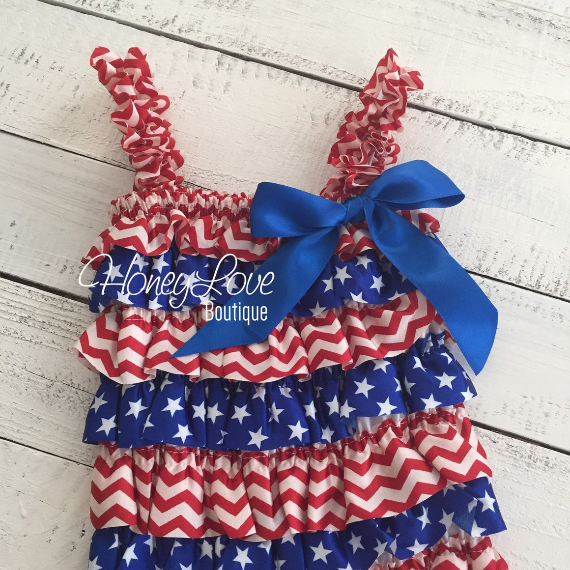 Satin & Lace Petti Romper - Patriotic, Stars - Red, White and Blue - with flower embellishment - HoneyLoveBoutique