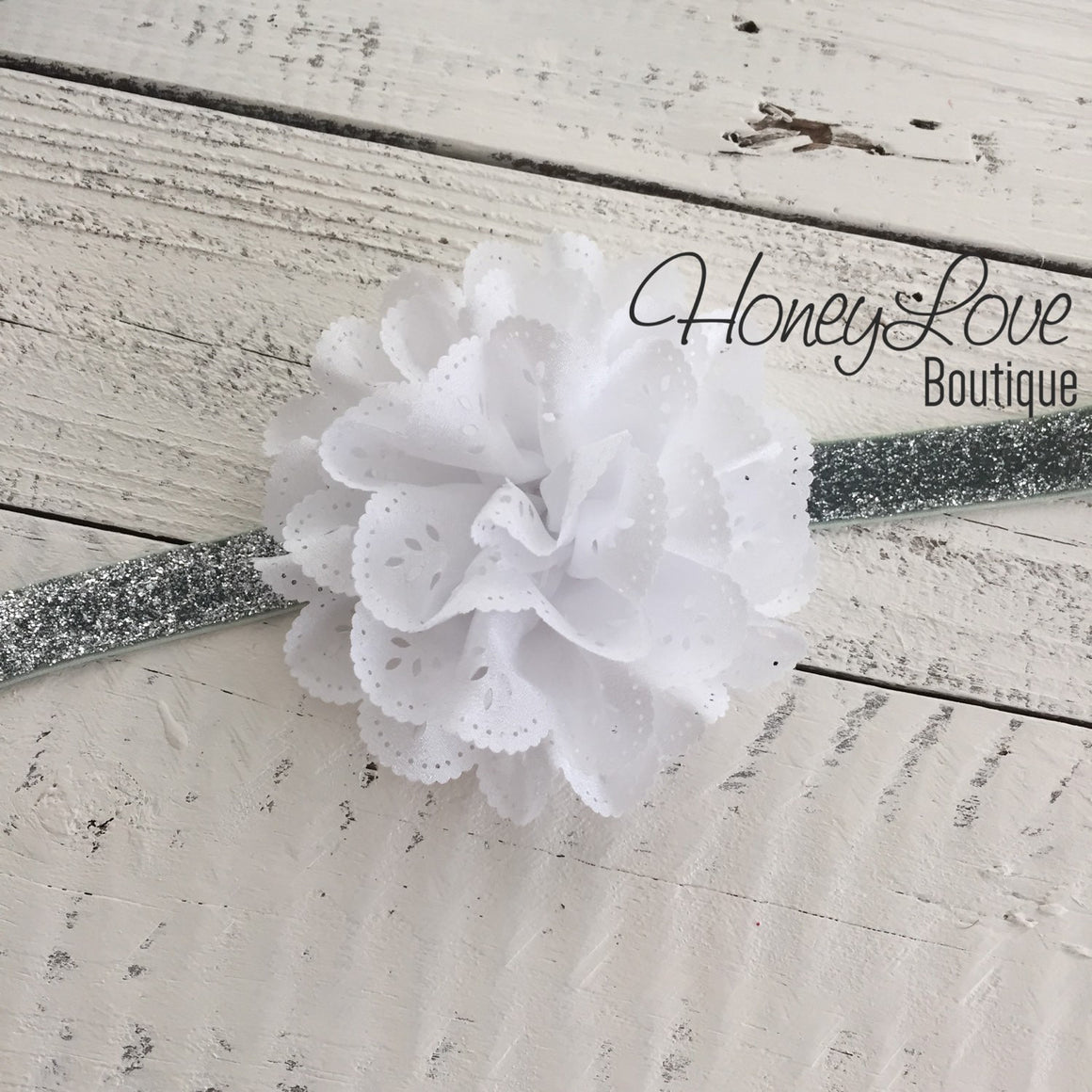 Red White or Navy Blue Lace Eyelet Flower - Silver/Gold headband - HoneyLoveBoutique