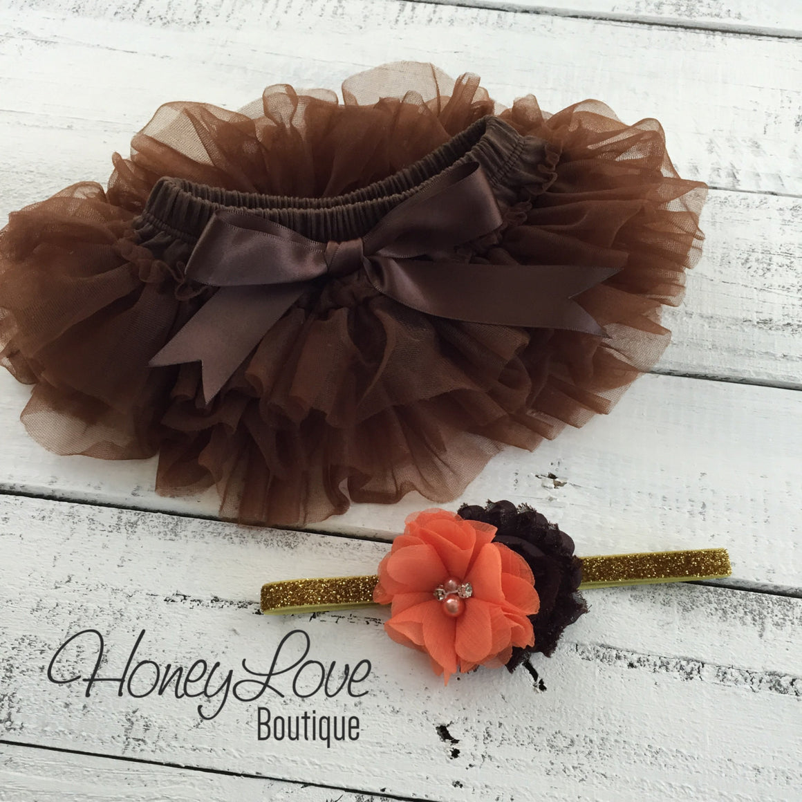 PERSONALIZED Name Outfit - Gold Glitter, Brown and Orange - HoneyLoveBoutique