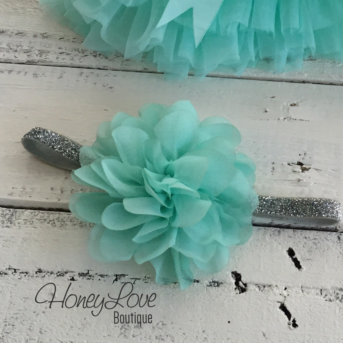 Mint/Aqua fluffy flower headband - SILVER/GOLD glitter elastic - HoneyLoveBoutique
