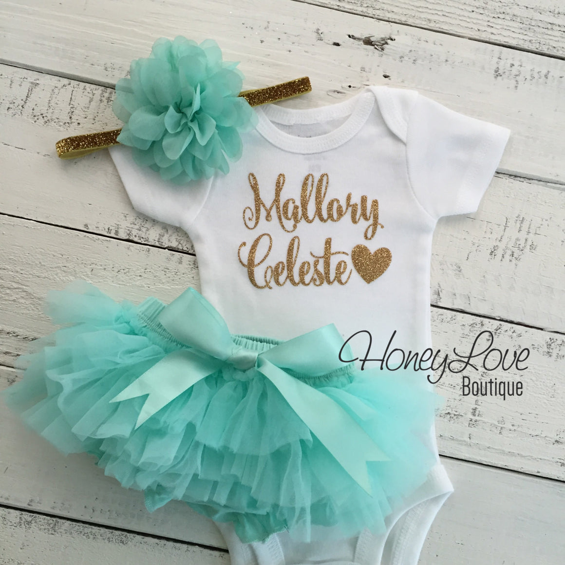 PERSONALIZED Name Outfit - Gold Glitter and Mint/Aqua - HoneyLoveBoutique