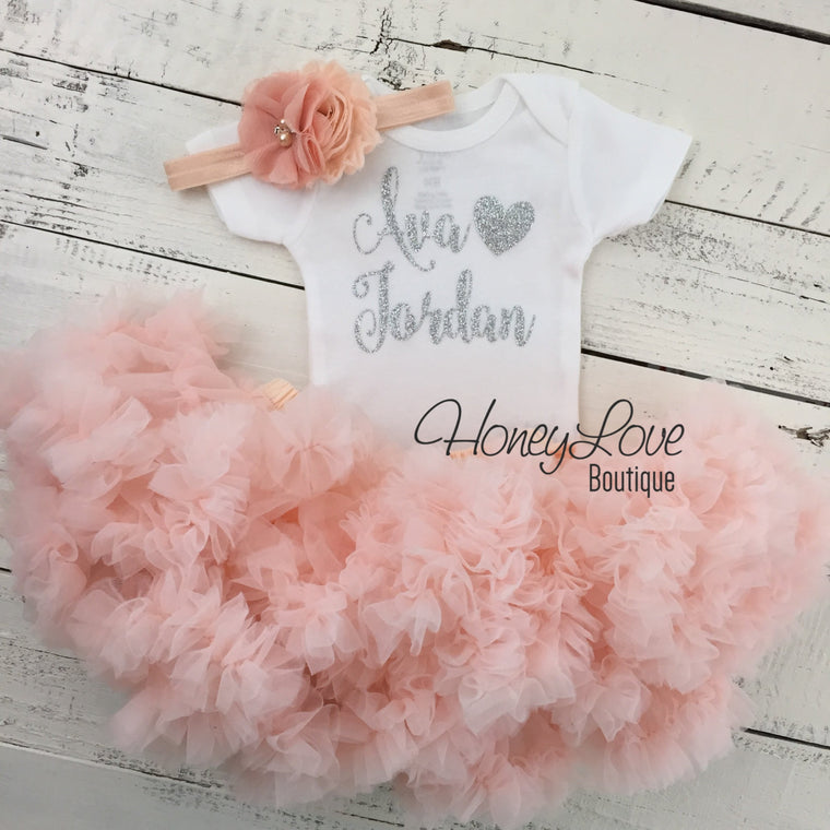 PERSONALIZED Name Outfit - Silver Glitter and Peach Pettiskirt - HoneyLoveBoutique