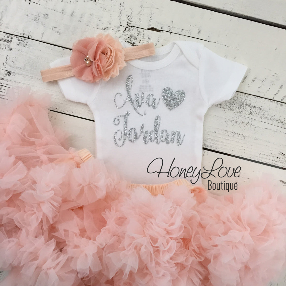 PERSONALIZED Name Outfit - Silver Glitter and Peach Pettiskirt - HoneyLoveBoutique