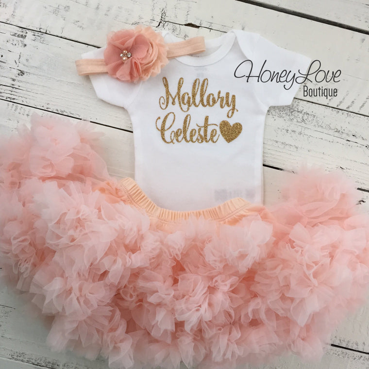 PERSONALIZED Name Outfit - Gold Glitter and Peach Pettiskirt - HoneyLoveBoutique