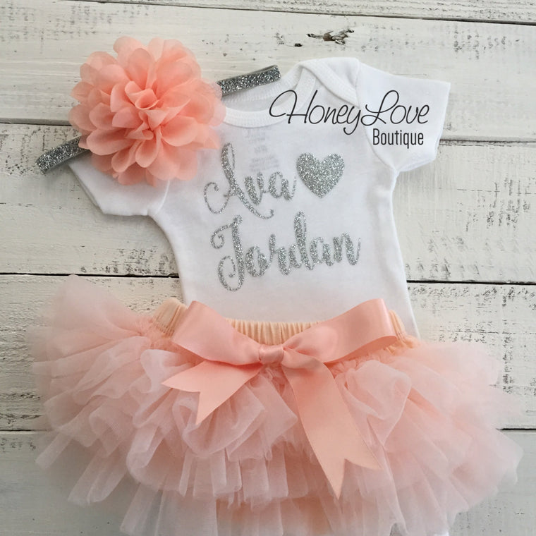 PERSONALIZED Name Outfit - Silver Glitter and Peach - HoneyLoveBoutique