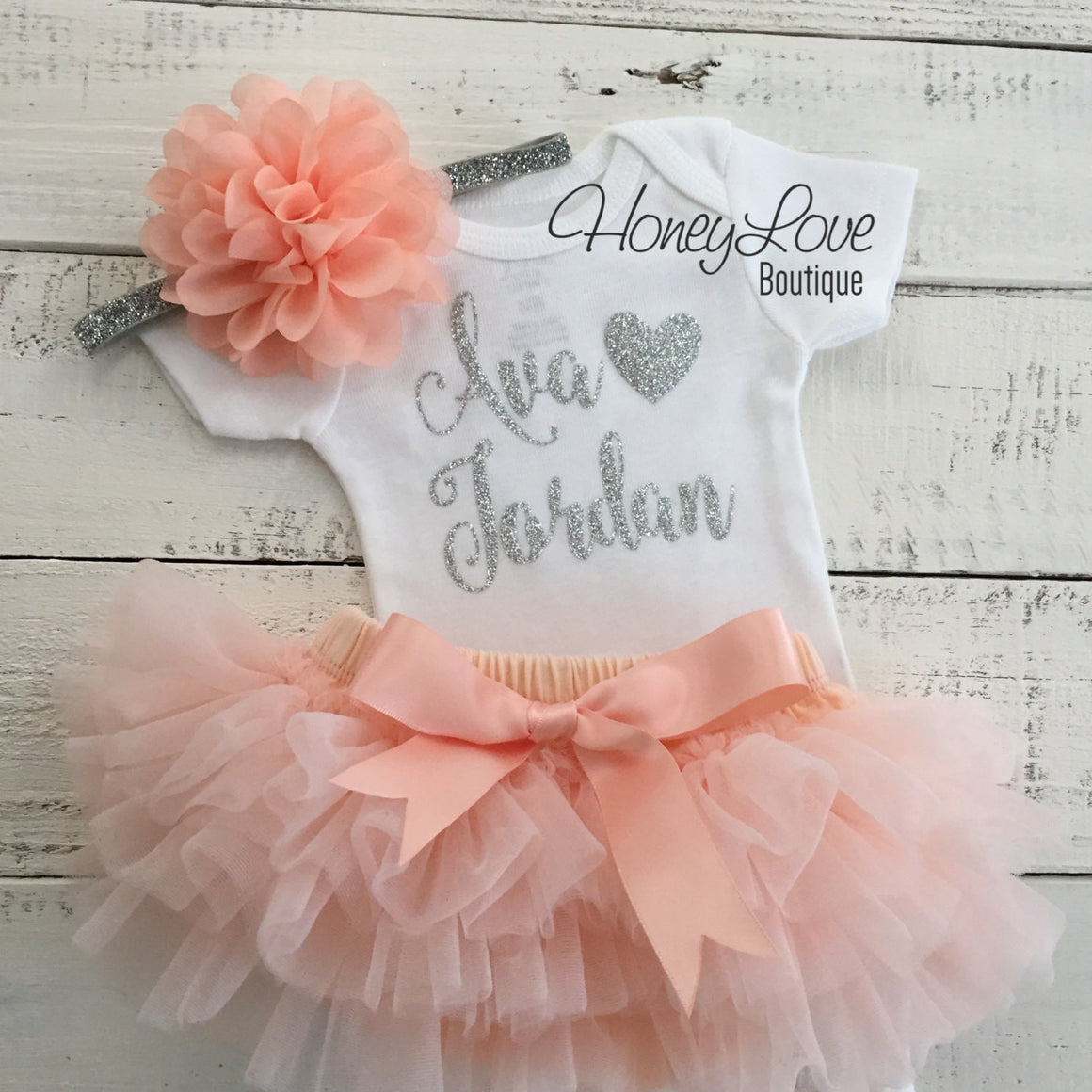 PERSONALIZED Name Outfit - Silver Glitter and Peach - HoneyLoveBoutique