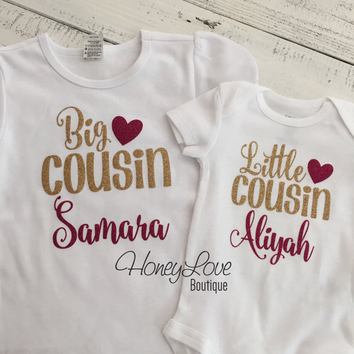 PERSONALIZED Cousin Bodysuits and Shirts - Gold Gllitter and Dark Pink Glitter - HoneyLoveBoutique