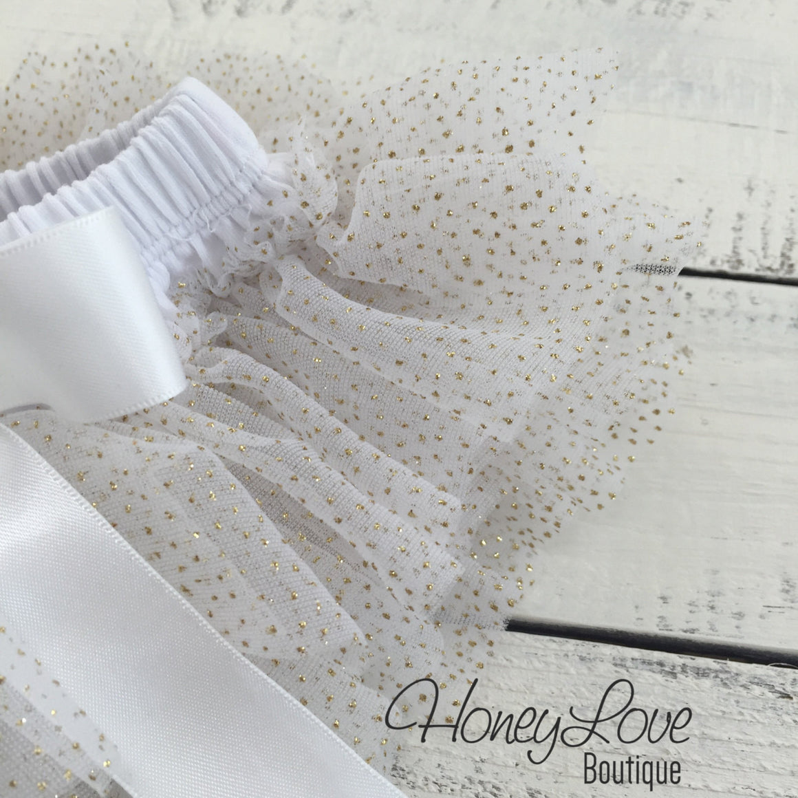 Personalized Princess name outfit - Gold Glitter and Gold/White tutu skirt bloomers - HoneyLoveBoutique