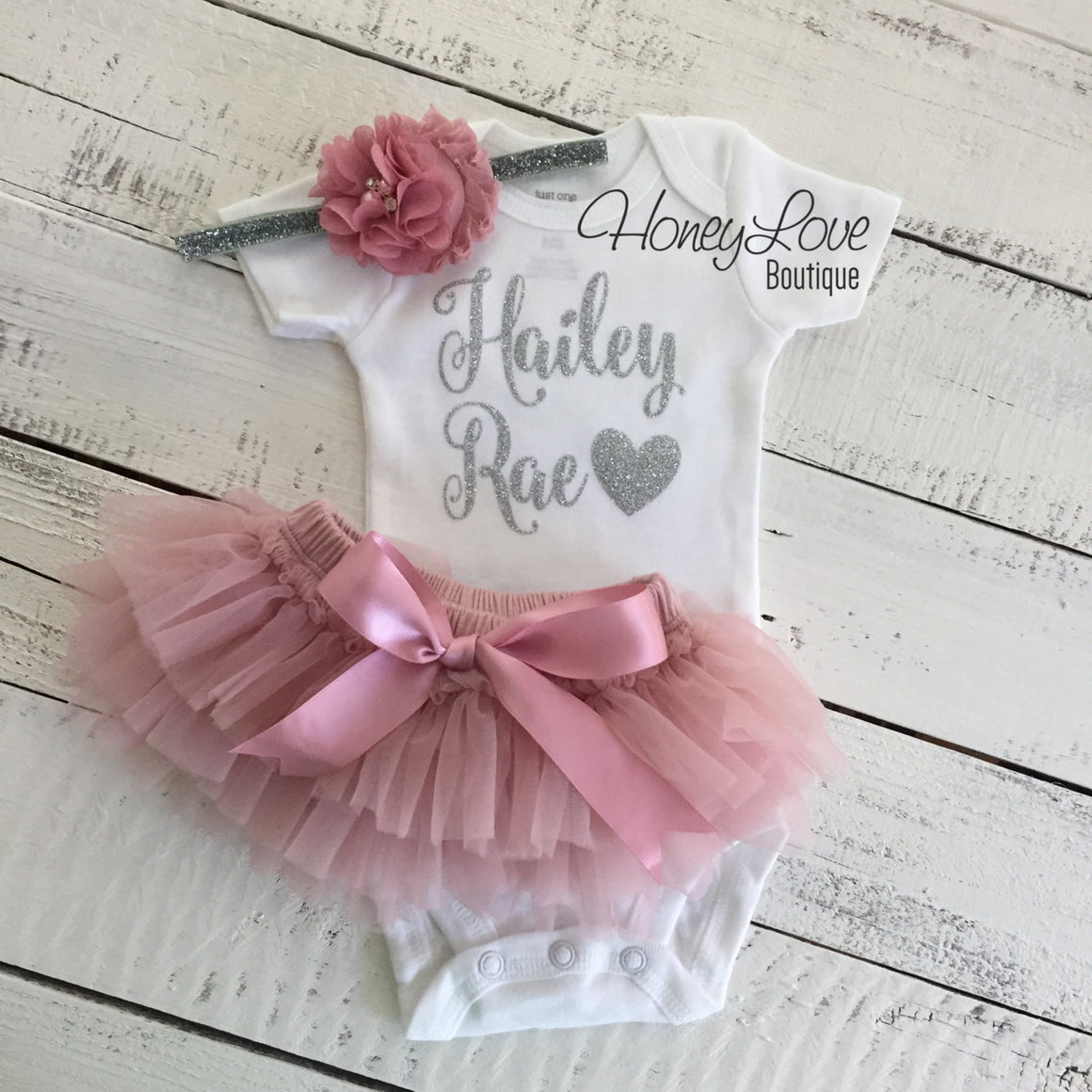 PERSONALIZED Name Outfit - Silver Glitter and Vintage Pink - HoneyLoveBoutique