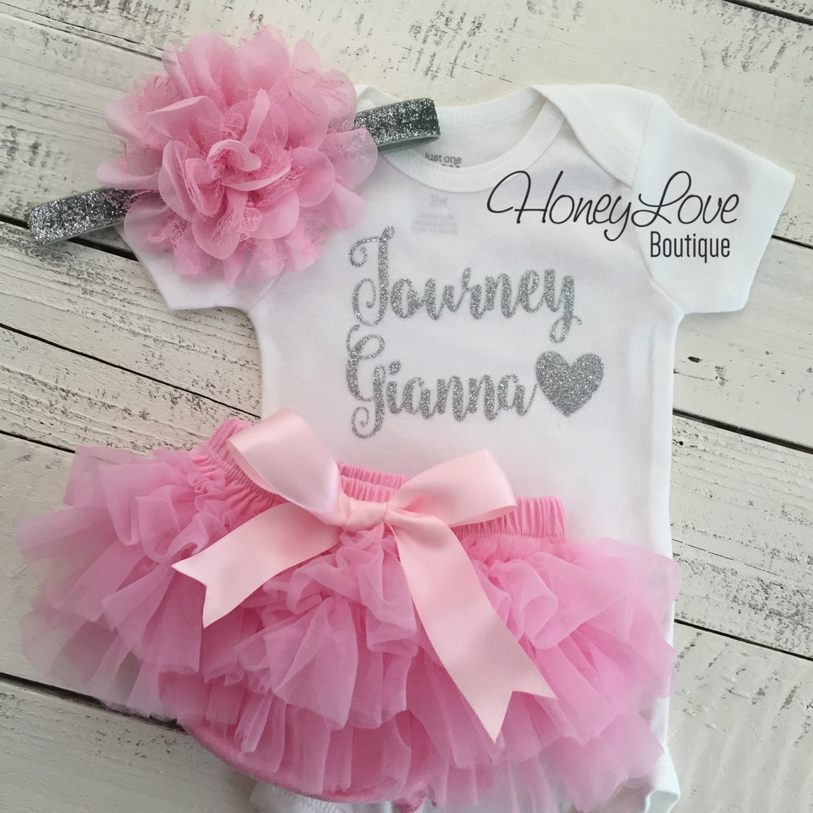 PERSONALIZED Name Outfit - Silver Glitter and Light Pink - HoneyLoveBoutique