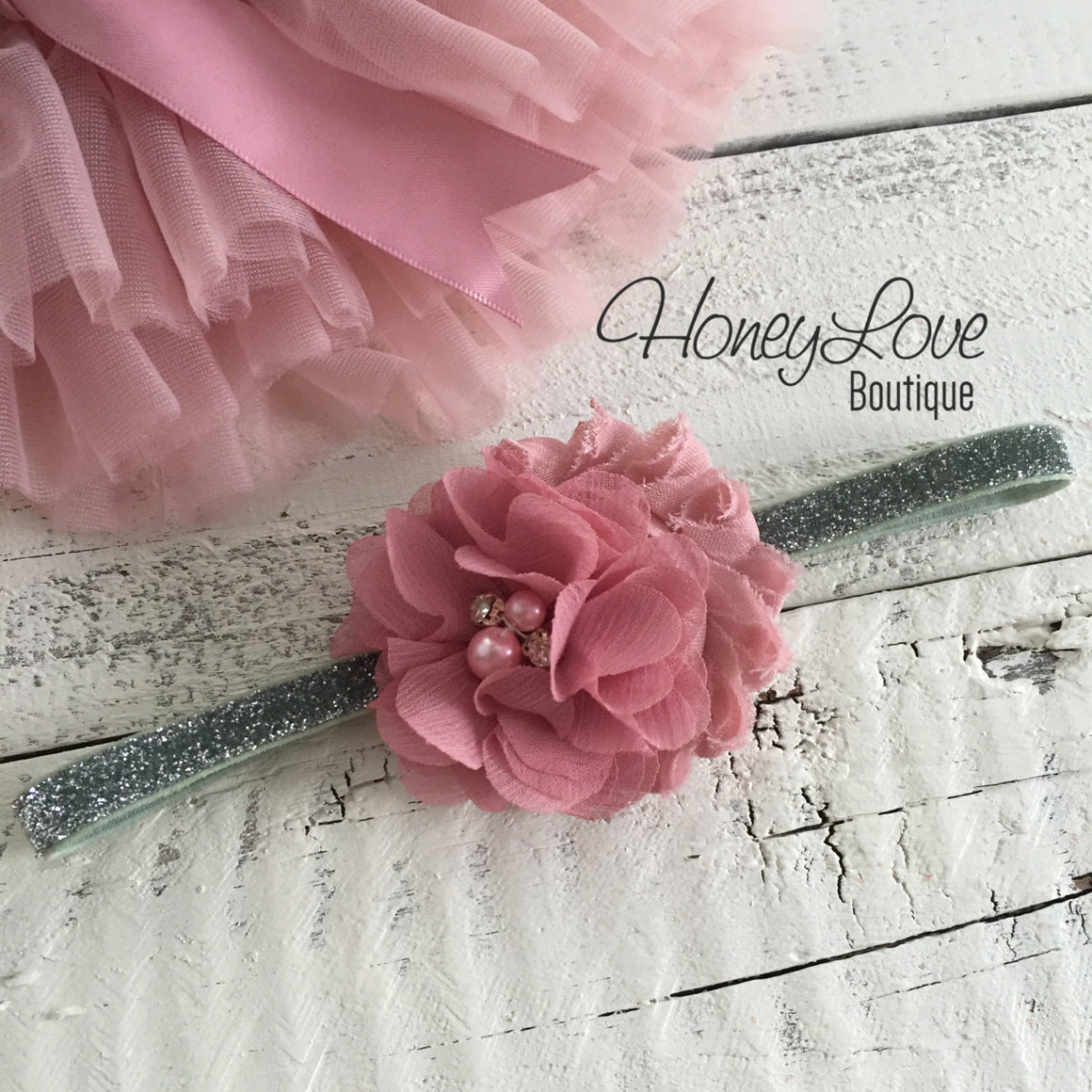 Vintage Pink tutu skirt bloomers and silver glitter headband - embellished bloomers - HoneyLoveBoutique