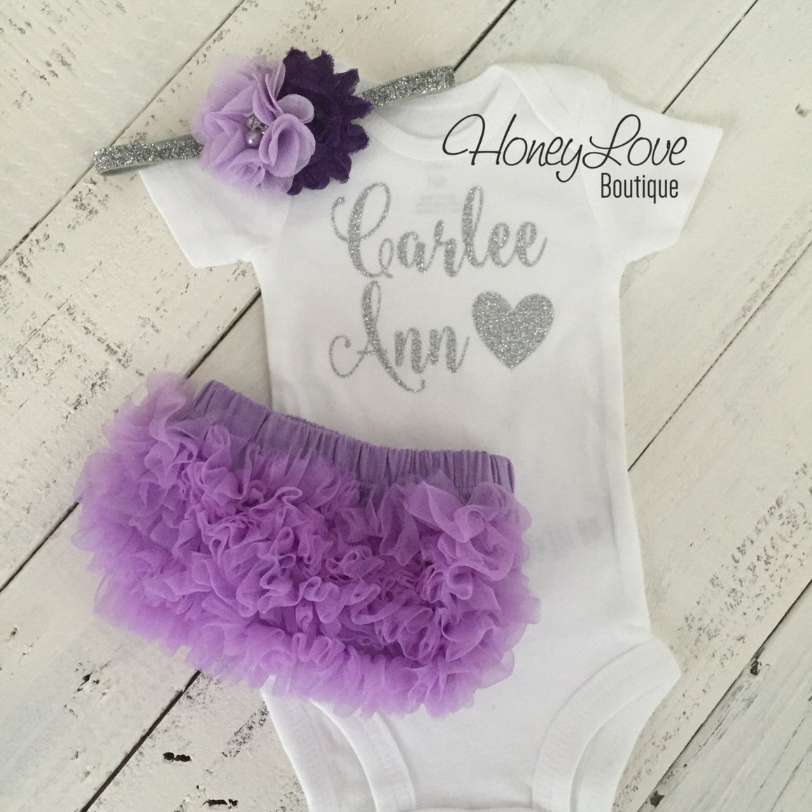 PERSONALIZED Name Outfit - Silver Glitter and Lavender Purple Ruffle Bottom Bloomers - HoneyLoveBoutique