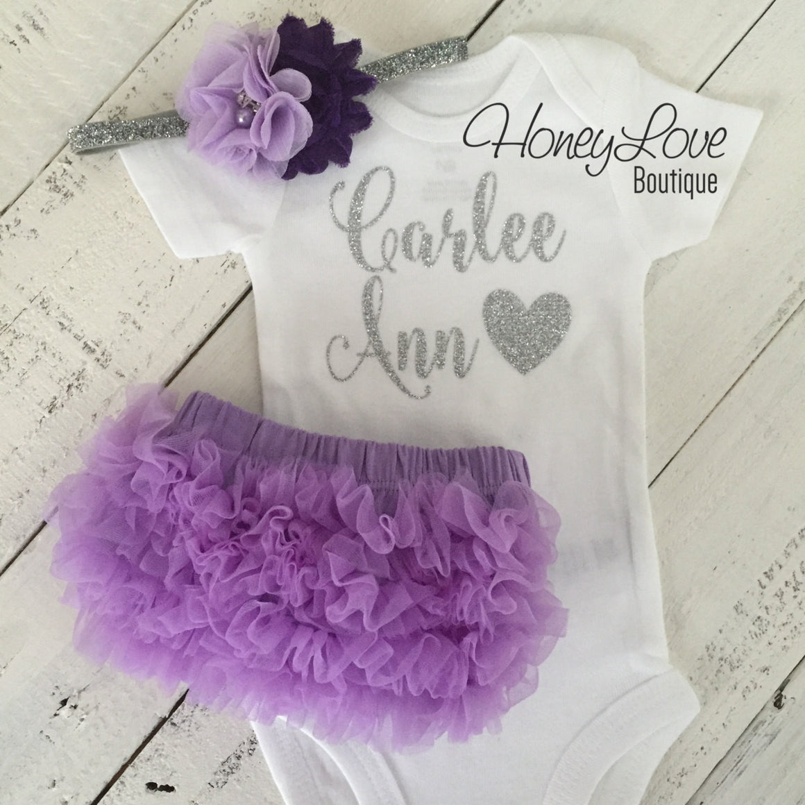 PERSONALIZED Name Outfit - Silver Glitter and Lavender Purple Ruffle Bottom Bloomers - HoneyLoveBoutique