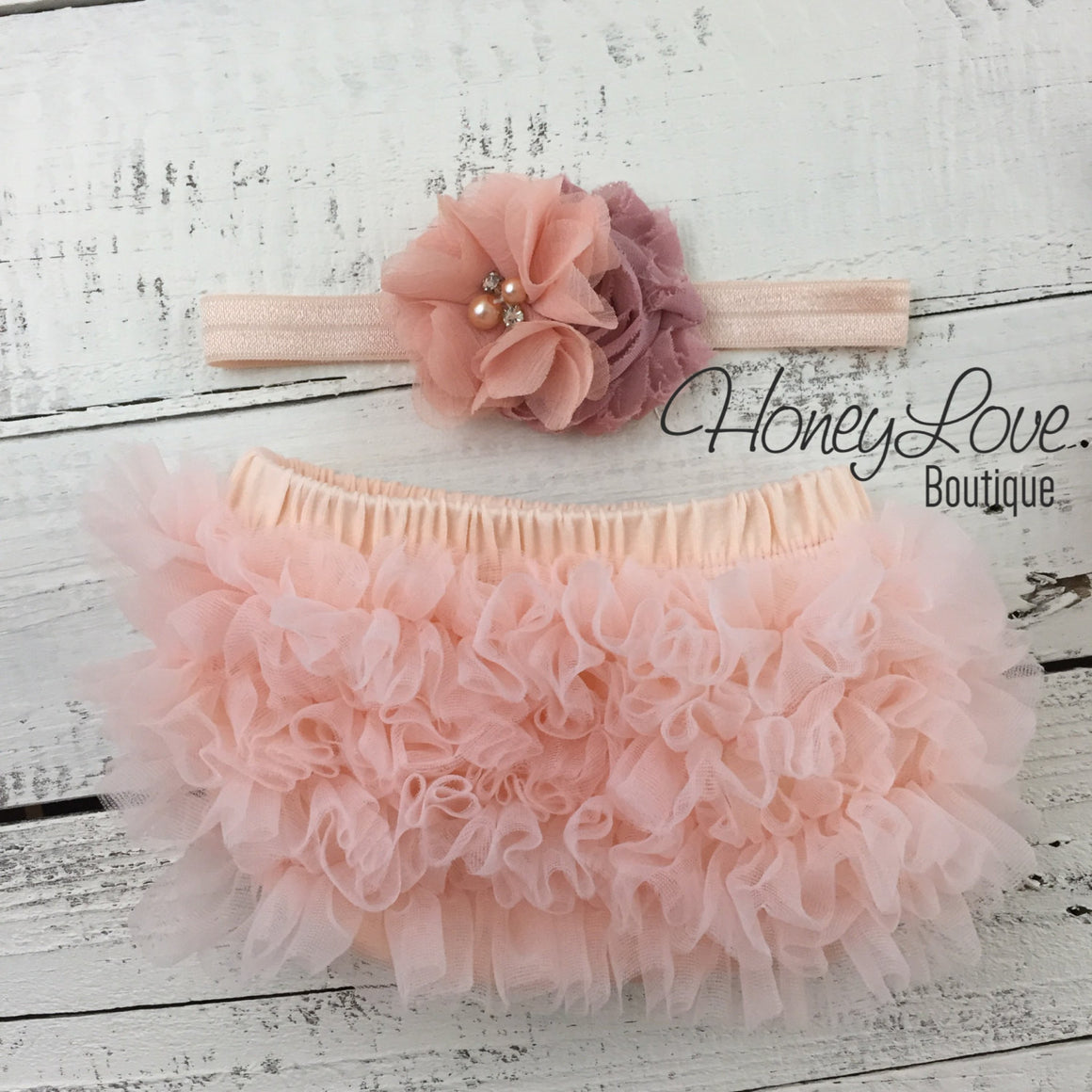 Peach ruffle bottom bloomers - vintage pink and peach headband - HoneyLoveBoutique