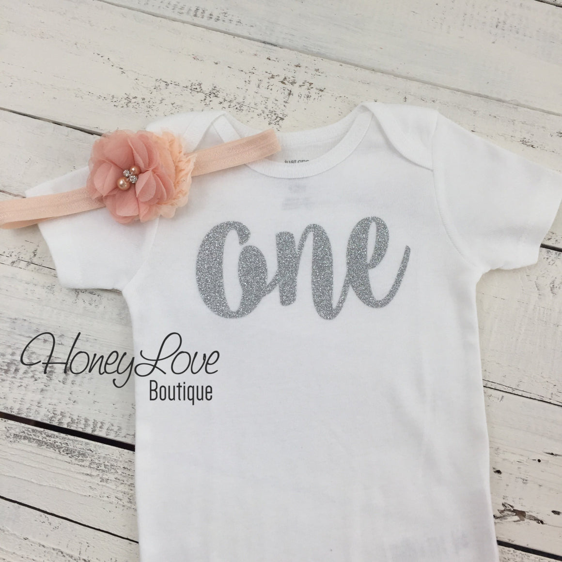 One - Birthday Outfit - Peach and Silver Glitter - HoneyLoveBoutique