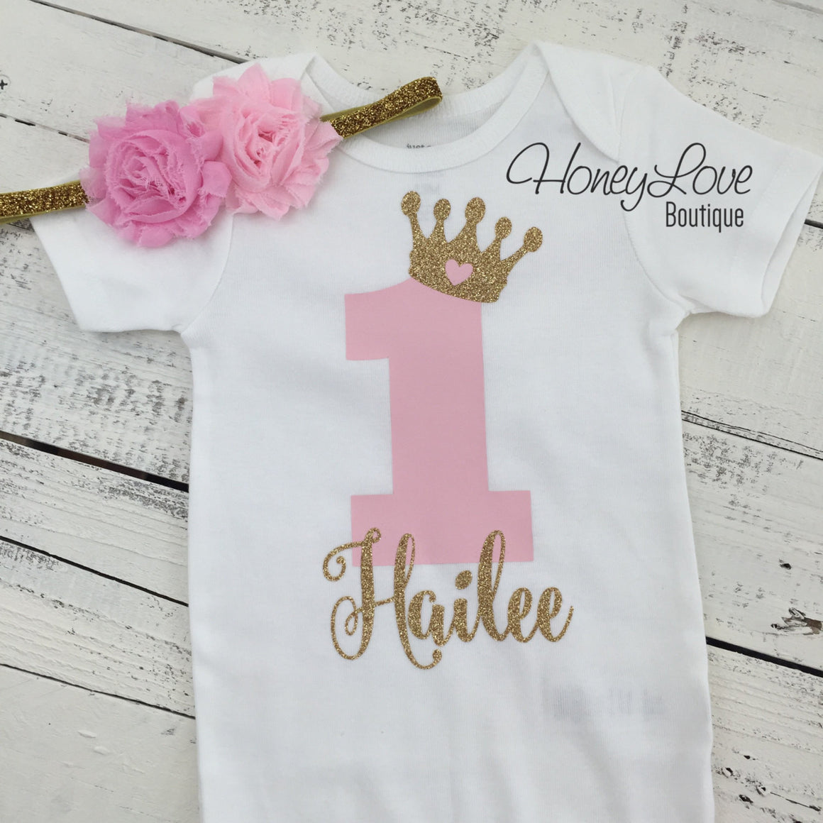 Personalized 1st Birthday Princess outfit - Gold Glitter and Light Pink - HoneyLoveBoutique