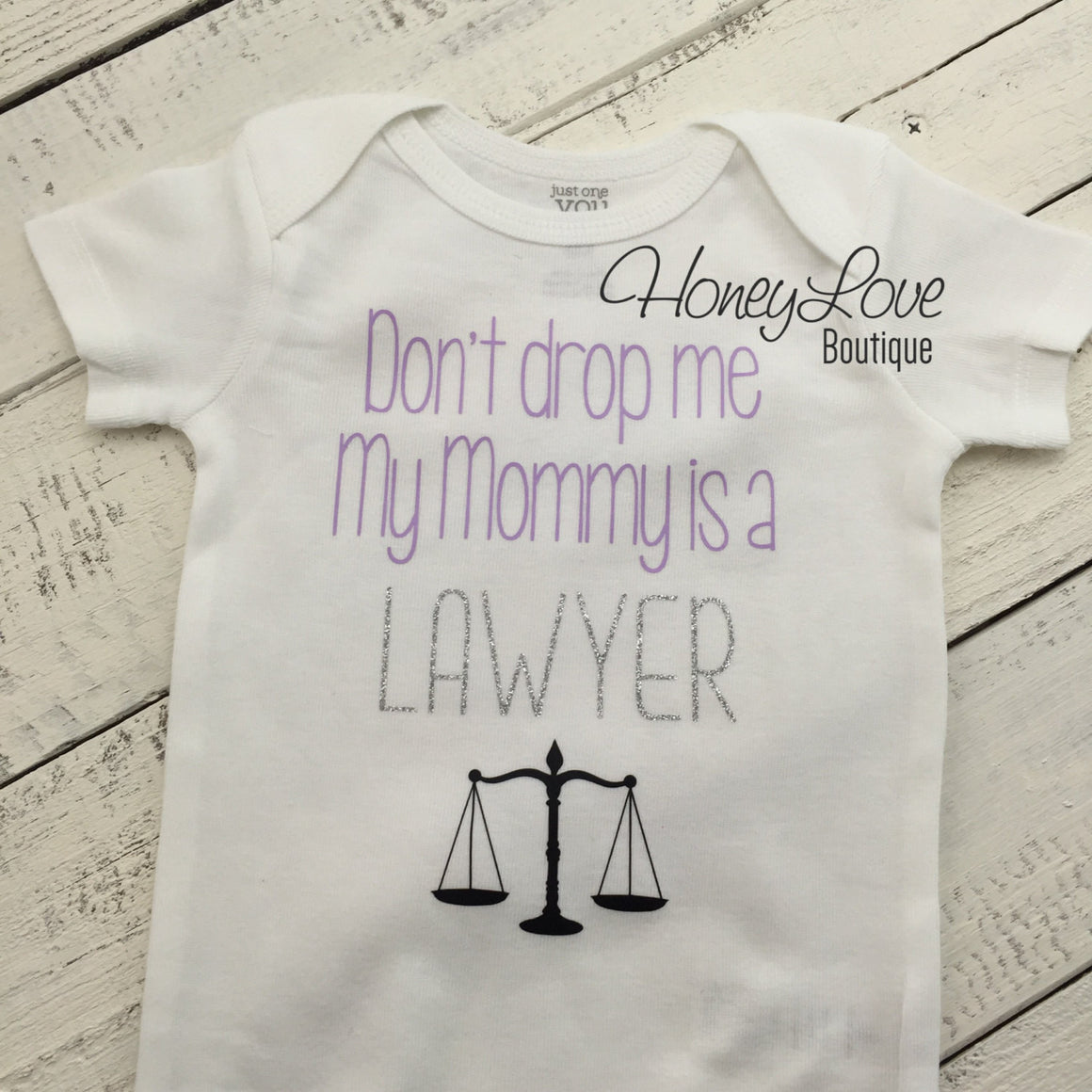 Don't drop me My Mommy is a LAWYER - lavender, silver glitter and black - HoneyLoveBoutique