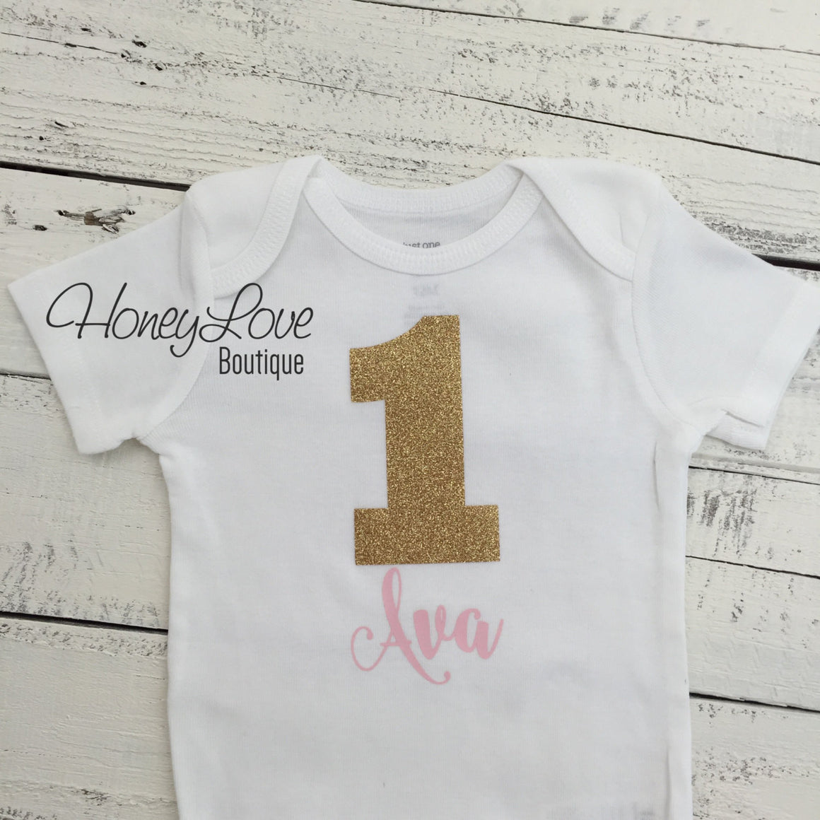 Personalized Name 1st Birthday Bodysuit - Gold Glitter and Light Pink - HoneyLoveBoutique