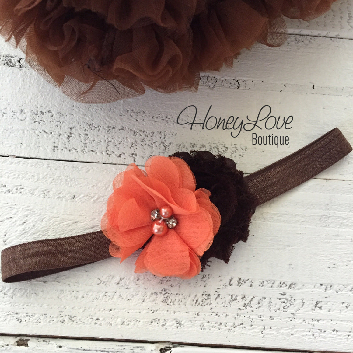 Thanksgiving Fall Halloween outfit - Brown/orange flower headband and leg warmers - HoneyLoveBoutique