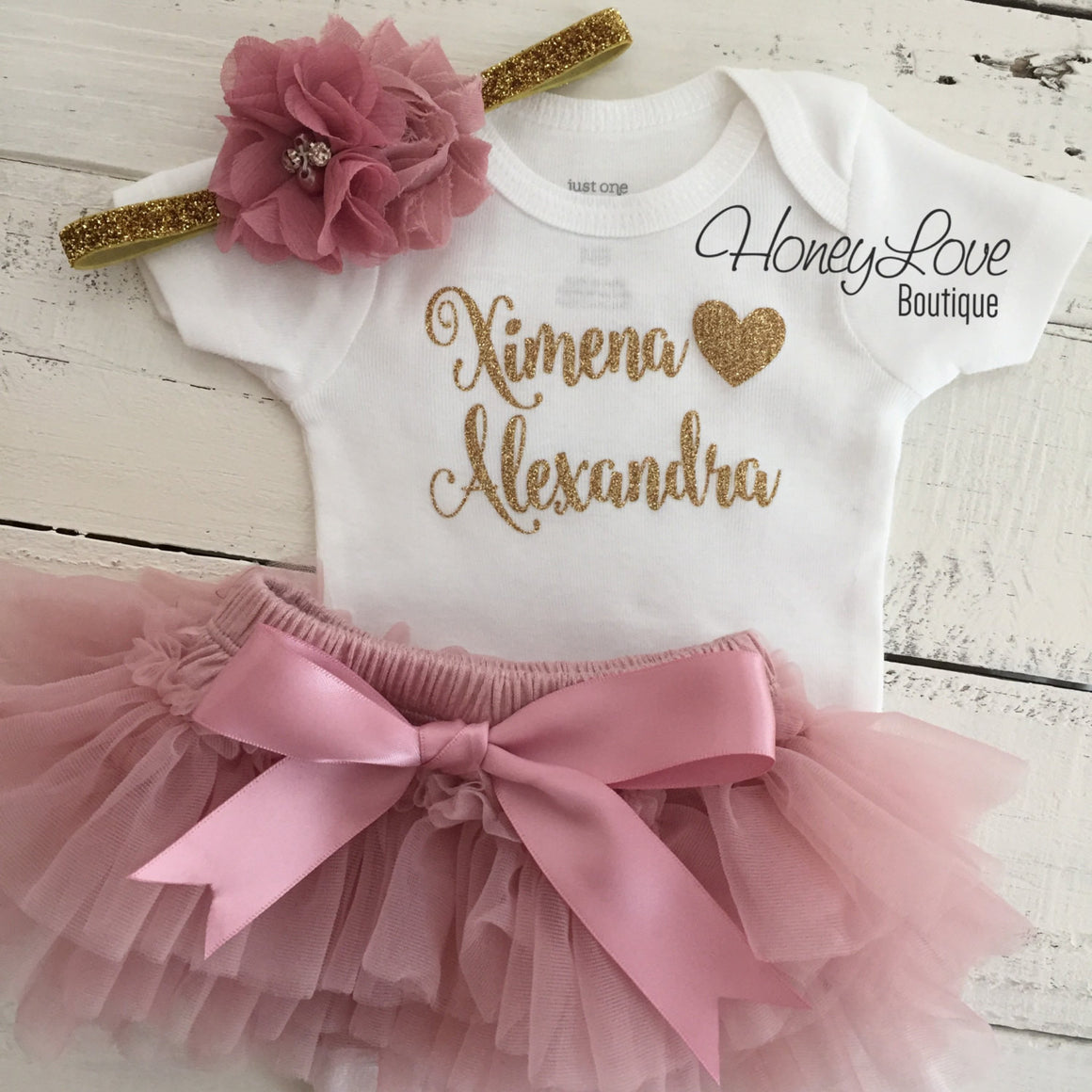 PERSONALIZED Name Outfit - Gold Glitter and Vintage Pink - HoneyLoveBoutique