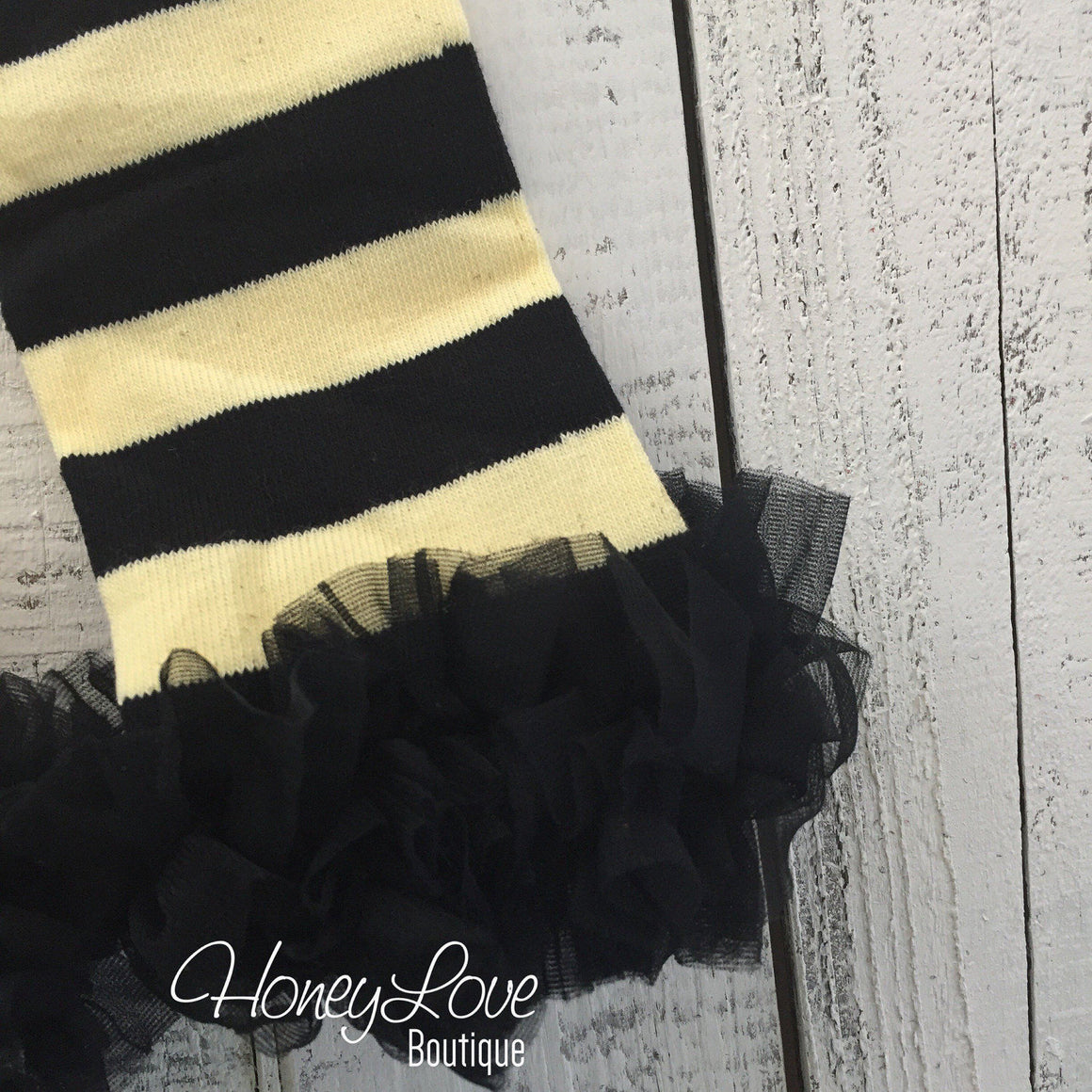 Yellow and Black Bumble Bee leg warmers, black ruffle bottom bloomer, matching flower headband - HoneyLoveBoutique