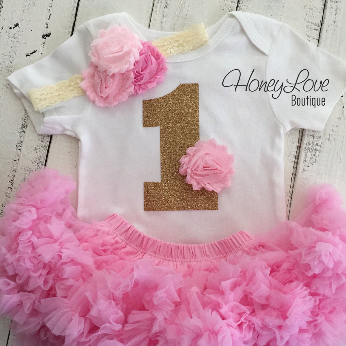 1st Birthday Outfit - Light Pink and Gold glitter - HoneyLoveBoutique