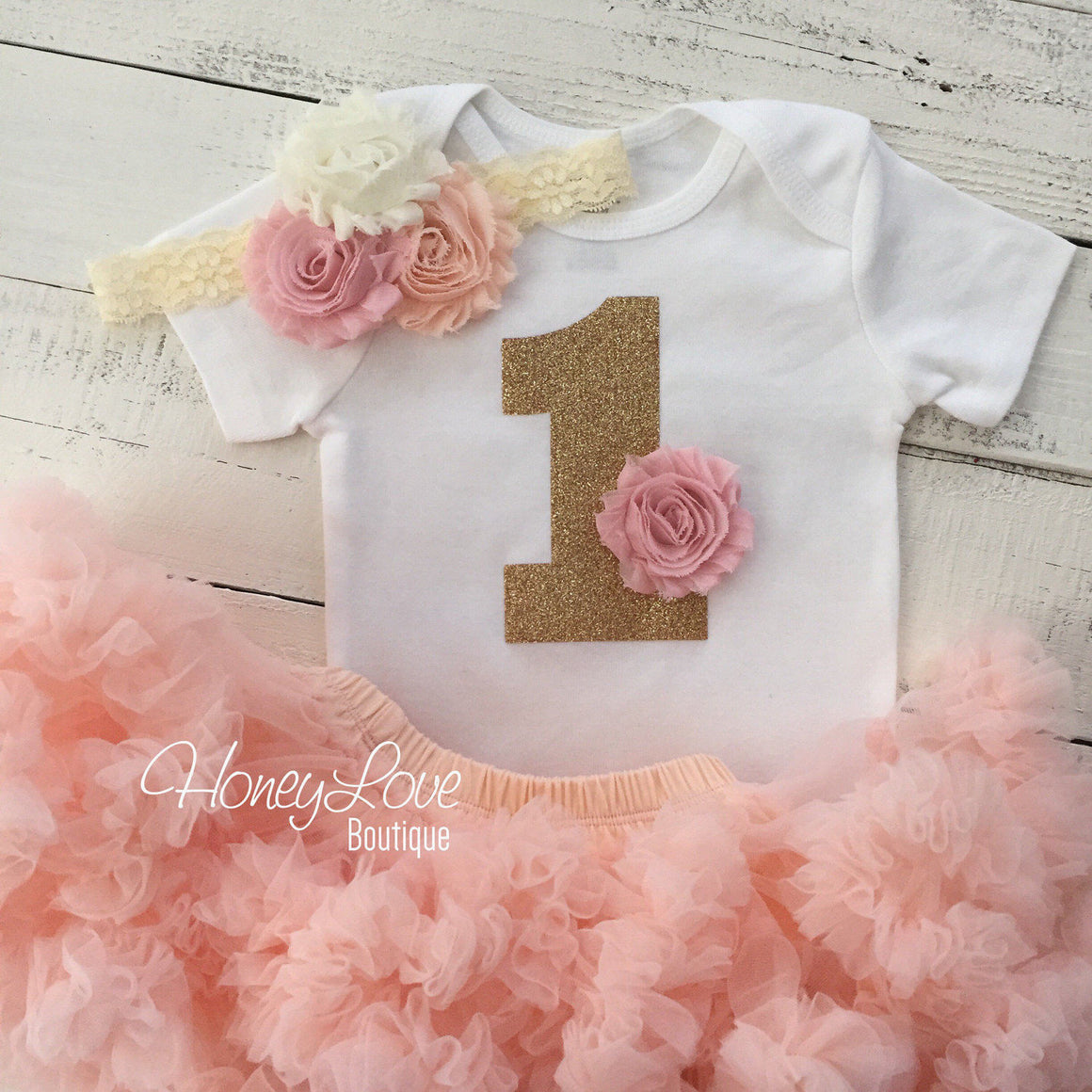 1st Birthday Outfit - Peach, Blush Pink and Ivory - HoneyLoveBoutique